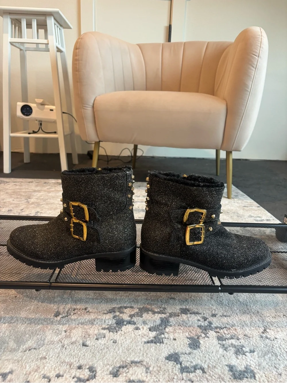 Girls' Black Glitter Fur-Lined Ankle Boots with Gold Stud Accents